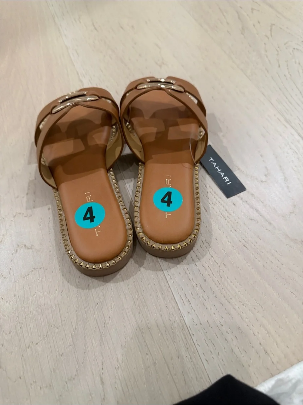 Tahari Girls' Tan Slide Sandals with Gold Buckle Accent